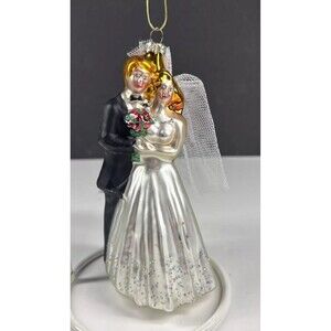 Blown Glass Bride Groom Wedding Bridal Shower Christmas Ornament Blonde Hair